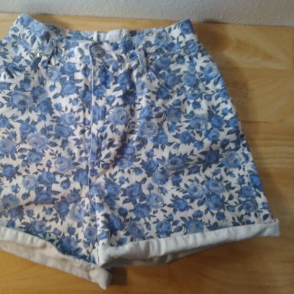 Vintage 90s OSC Sport Blue Roses Denim Jean Shorts High Waist - Picture 3 of 8